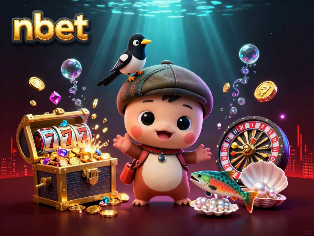 Experience the thrilling nbet casino world with cartoon characters amidst gold coins and slot reels.