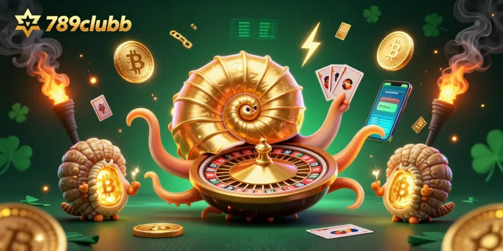 Play exciting games at 789clubb with a vibrant 3D illustration featuring casino elements and crypto coins.