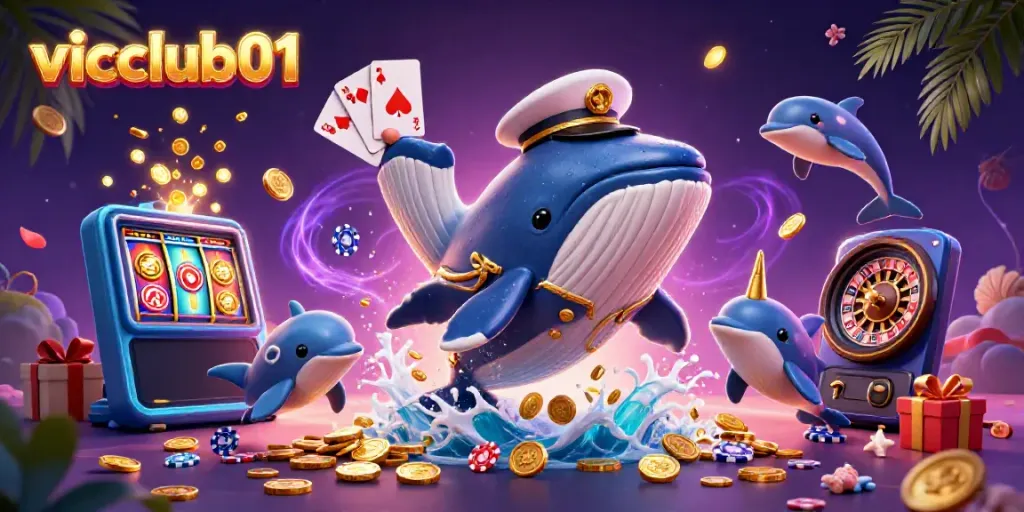 Experience thrilling casino adventures with vicclub01, featuring cartoon whales and poker chips!