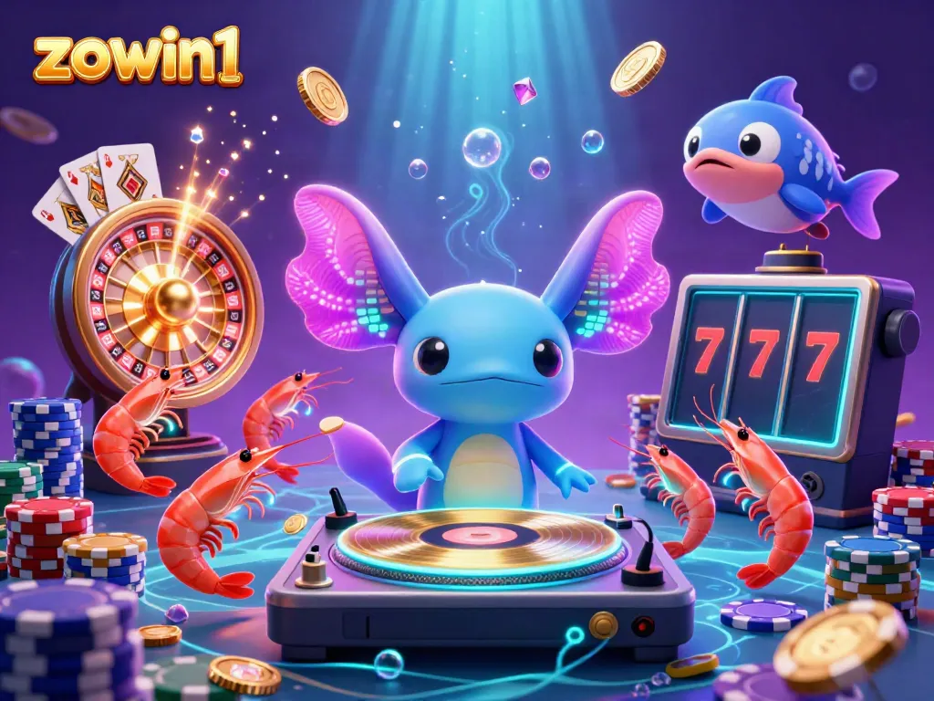 Zowin1 casino illustration with a neon axolotl DJ, rich colors, and dynamic gaming elements.