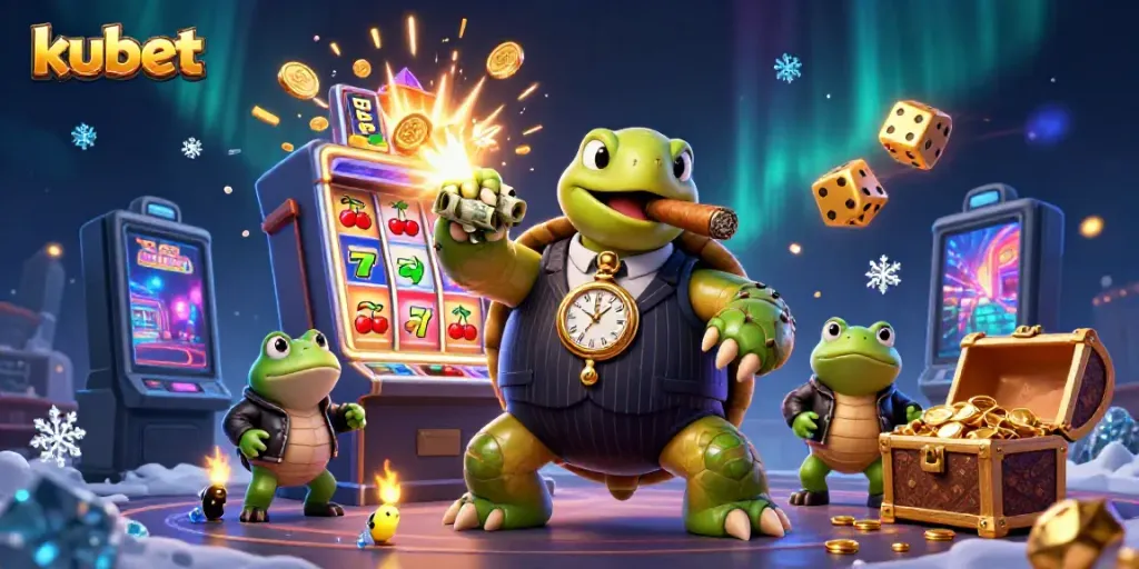 Experience kubet excitement with a 3D turtle dealer and jackpot explosion amidst vibrant casino elements.