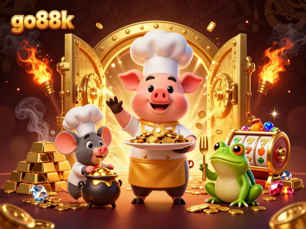 Engage in the gold-filled world of go88k with a cartoon chef pig, sous-chef mouse, and critic frog.