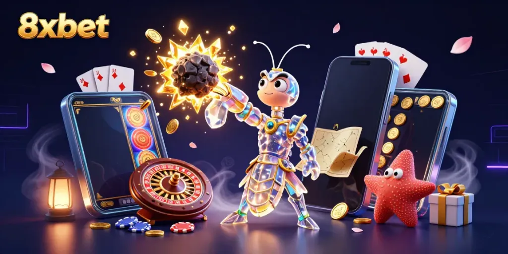 Engage with dynamic 8xbet gaming and excitement in this vibrant 3D illustration of thrilling action.