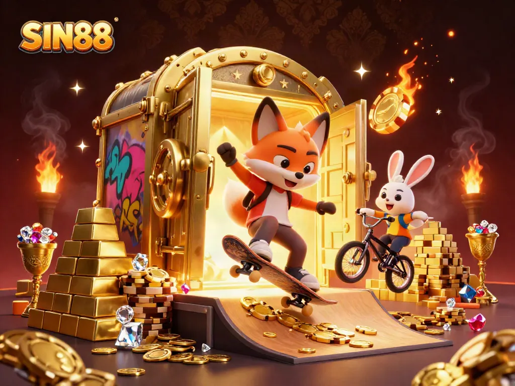 SIN88 features a dynamic 3D cartoon scene of a fox and rabbit in a vibrant casino-themed illustration.