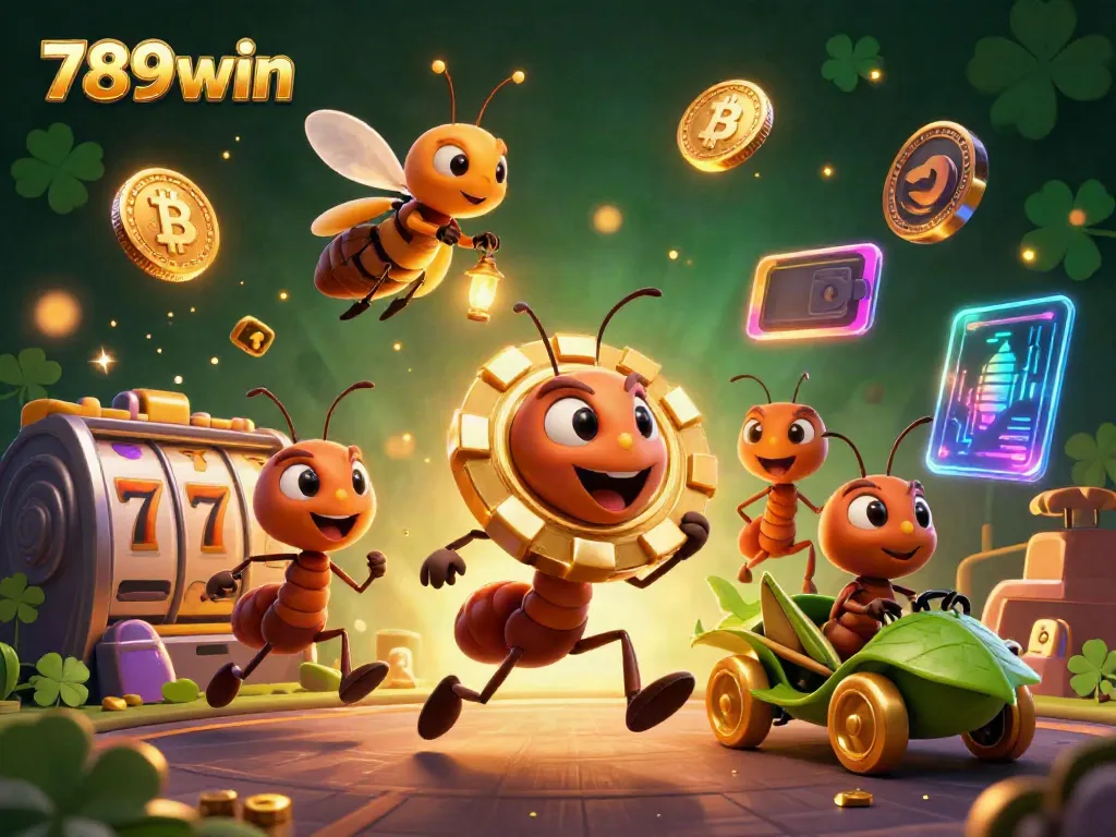 Join the fun with 789win and the animated heist scene of ants carrying a golden poker chip!