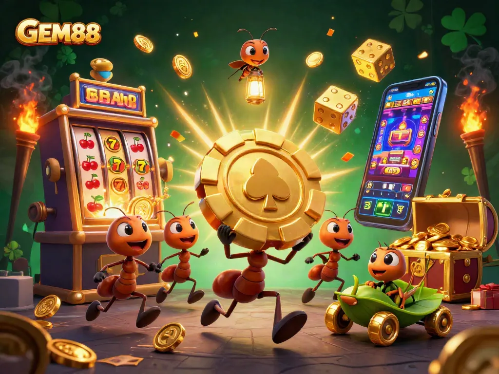 GEM88 showcases a dynamic scene of ants carrying a giant poker chip amid vibrant casino elements.