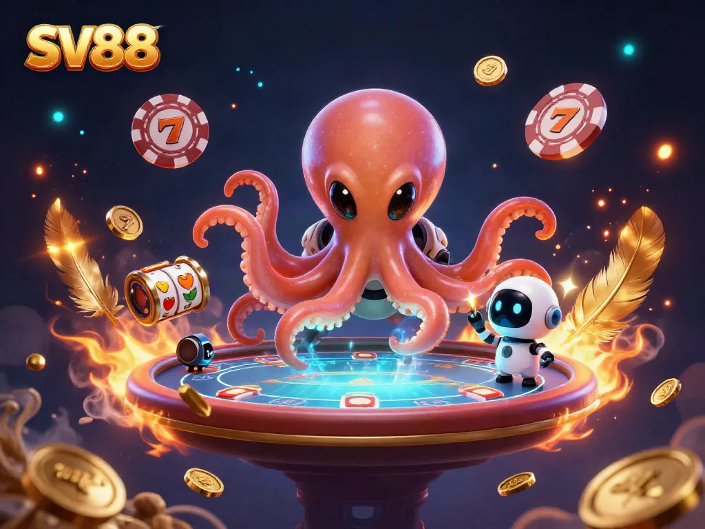 Engage with SV88's casino experience featuring an alien octopus playing poker surrounded by vibrant and dynamic casino elements.
