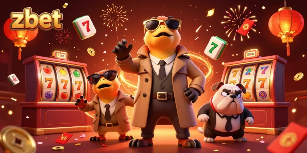 Experience thrilling gameplay at zbet with cartoon raptors entering a VIP casino, surrounded by festive elements.