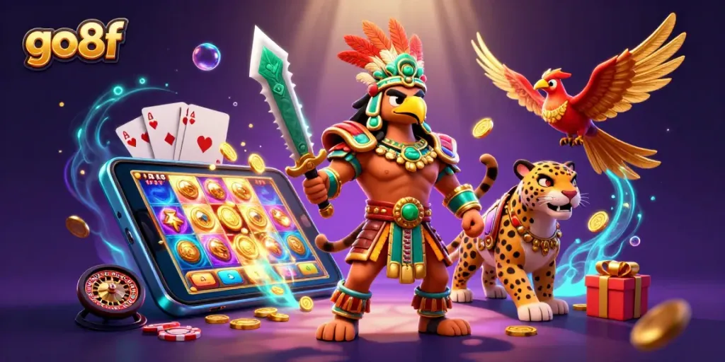 Spin the reels with go8f's vibrant slots scene, featuring dynamic characters and exciting game elements.