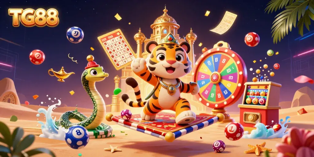 Engage with TG88's exciting gaming world featuring dynamic lottery and casino elements in a vivid illustration.