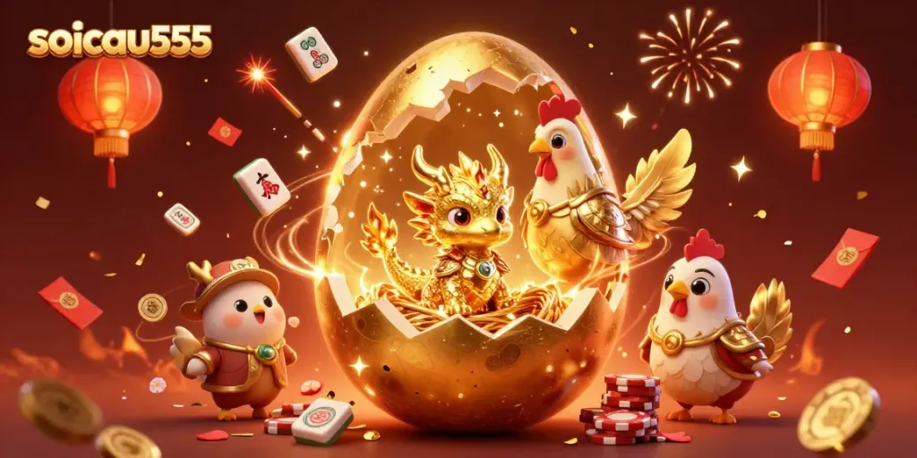 Engage with soicau555, showcasing a dynamic golden dragon scene filled with poker chips and festive elements.