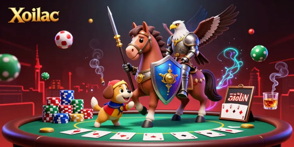 Xoilac knights engage in a lively gambling scene with poker and sports elements.