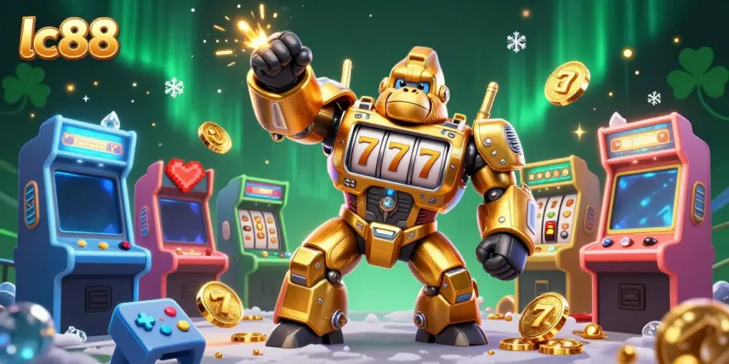 Experience gaming excitement with lc88's 3D golden gorilla mech and dynamic casino elements.