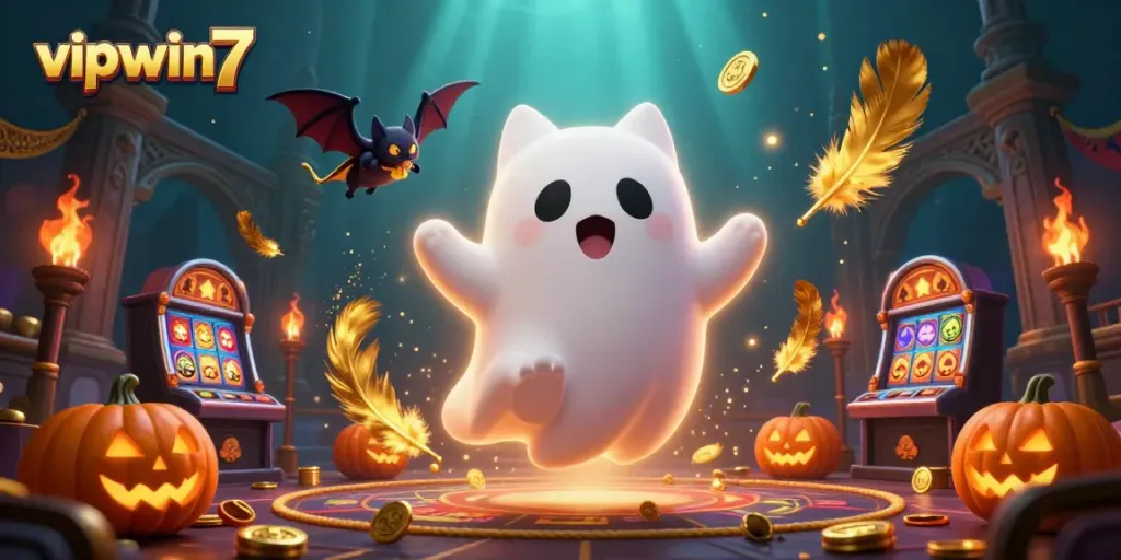 Spin slot reels with vipwin7's haunted cat character amidst glowing jack-o-lanterns and coins.