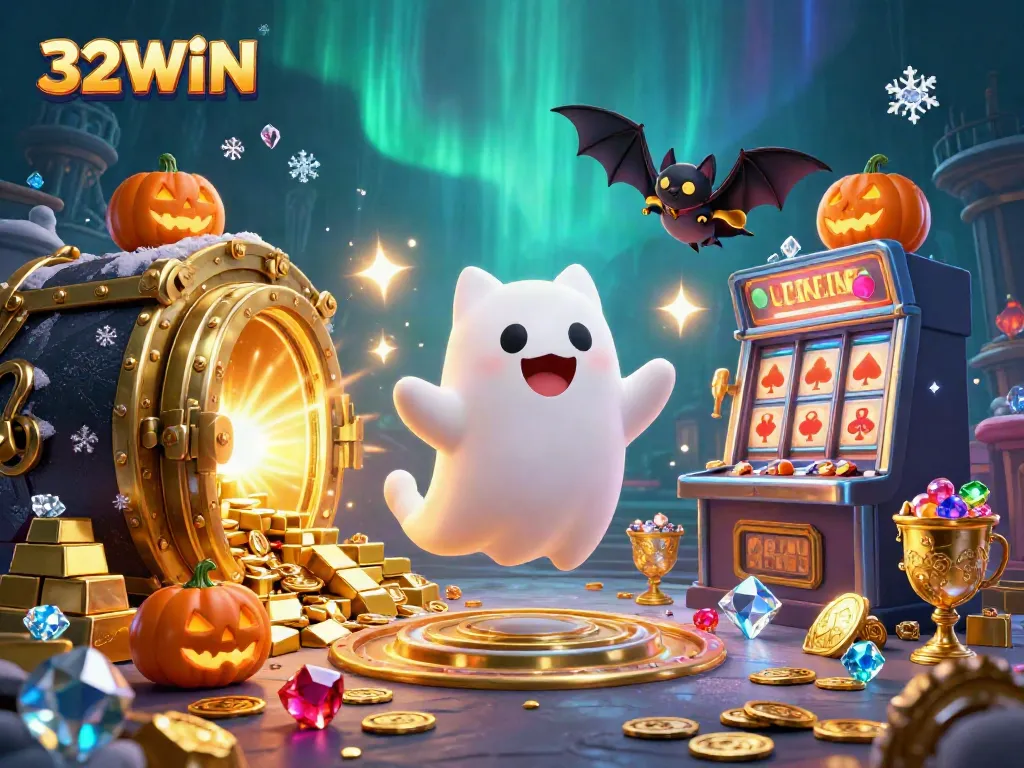 Experience the thrill of 32WIN through a haunted casino featuring glowing jack-o-lanterns and treasure.