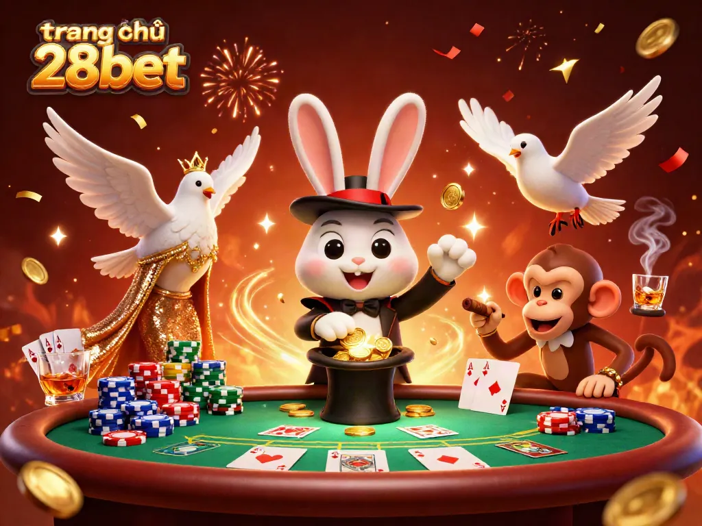 Experience the excitement of trang chủ 28bet with a magician rabbit and casino elements in a dazzling scene.