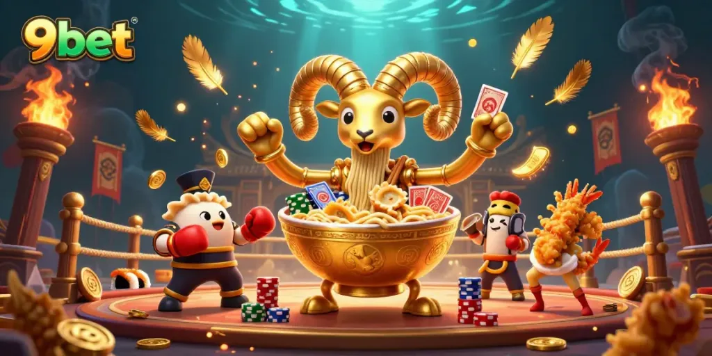 Engage with the vibrant 9bet characters in a dynamic casino scene filled with action and excitement.