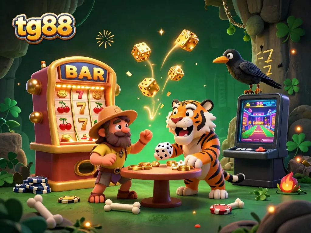 Experience thrilling action at tg88's prehistoric casino with caveman and saber-tooth hosts surrounded by vibrant gaming elements.