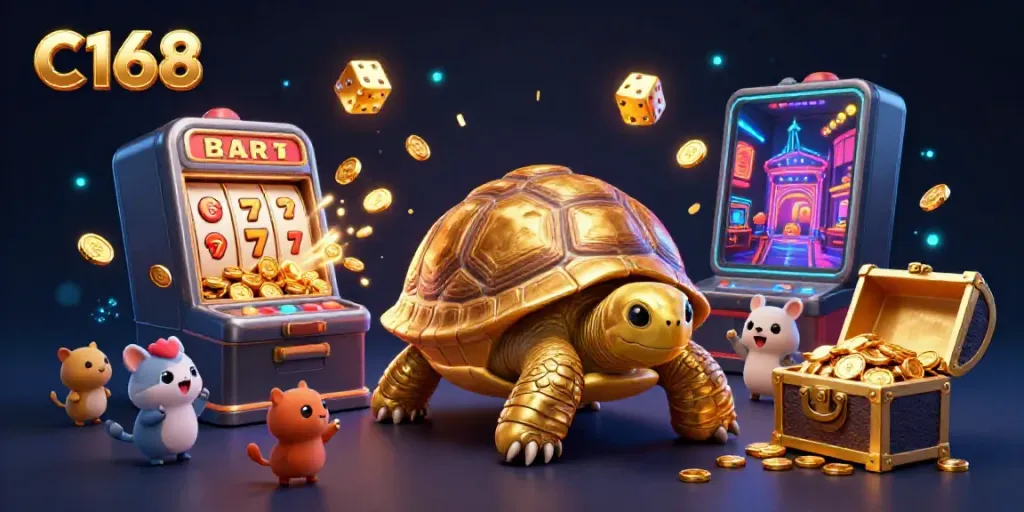 Win prizes with C168 gaming, featuring a golden tortoise pinball machine and explosive casino symbols.