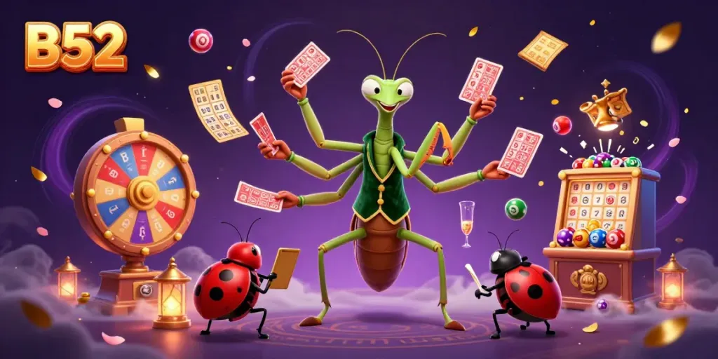 B52 deals colorful lottery numbers and spins vibrant prize wheels in a lively casino scene.