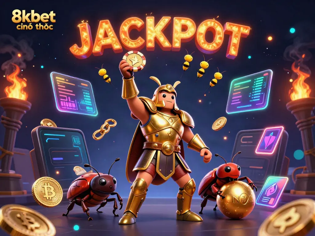 Engage with 8kbet chính thức as cartoon beetles celebrate a jackpot in a vibrant casino-themed scene.