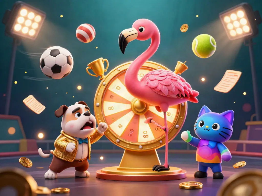 Mendapatkan kemenangan dengan situs toto, seekor flamingo memutar roda hadiah emas dengan suasana yang penuh semangat.