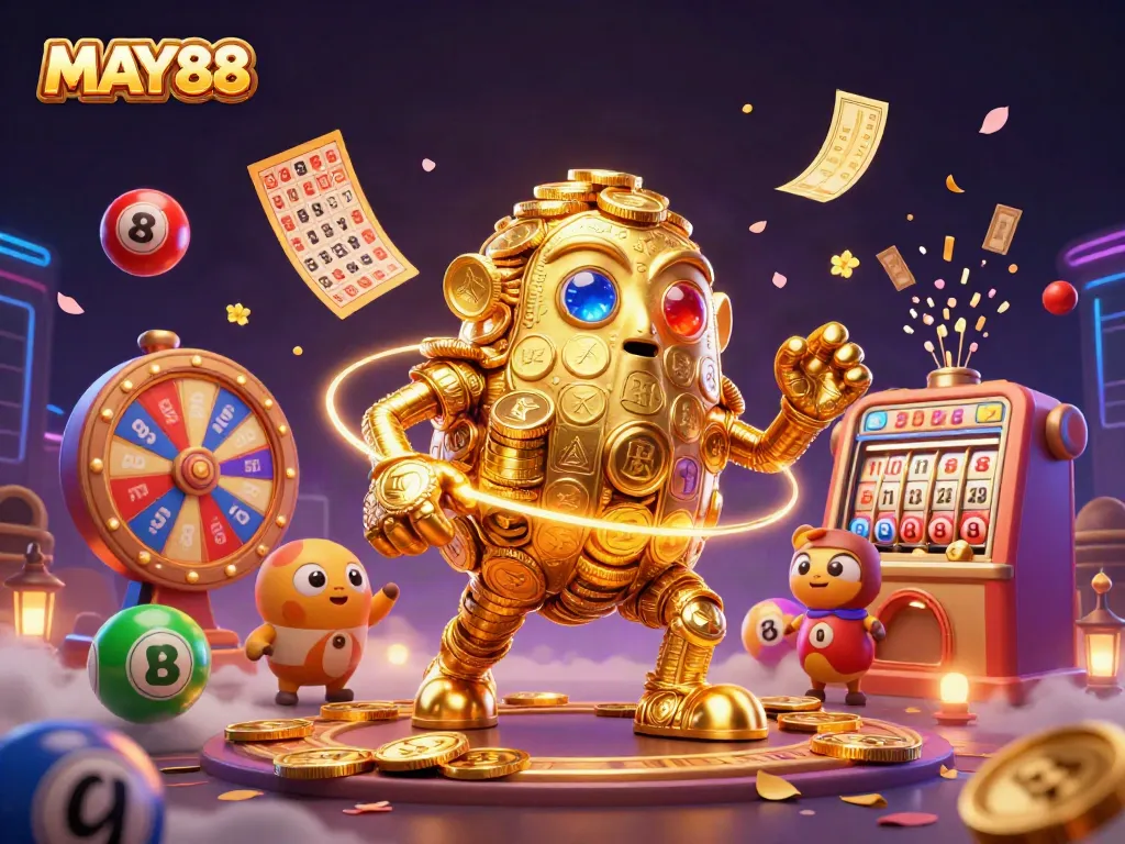 MAY88 showcases thrilling gambling energy with colorful lottery balls, a golden golem, and prize elements.