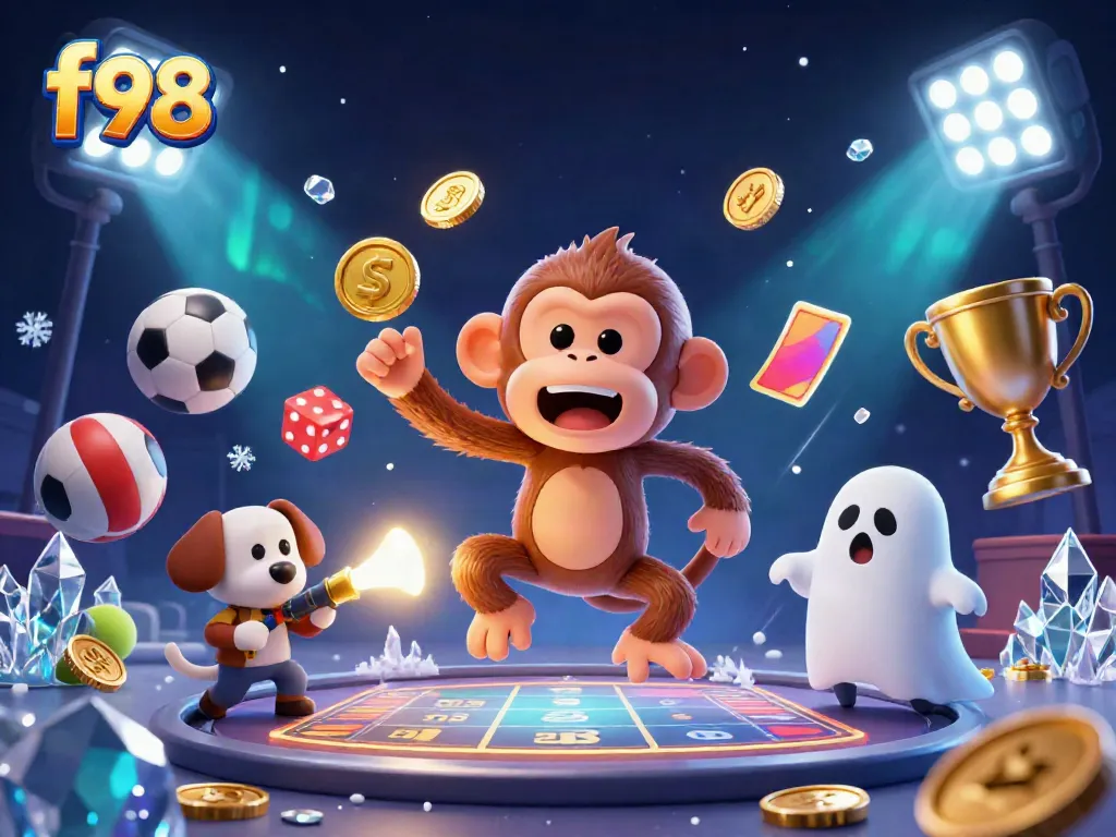 Experience the excitement of f98 casino with a mischievous poltergeist monkey juggling golden gambling objects.