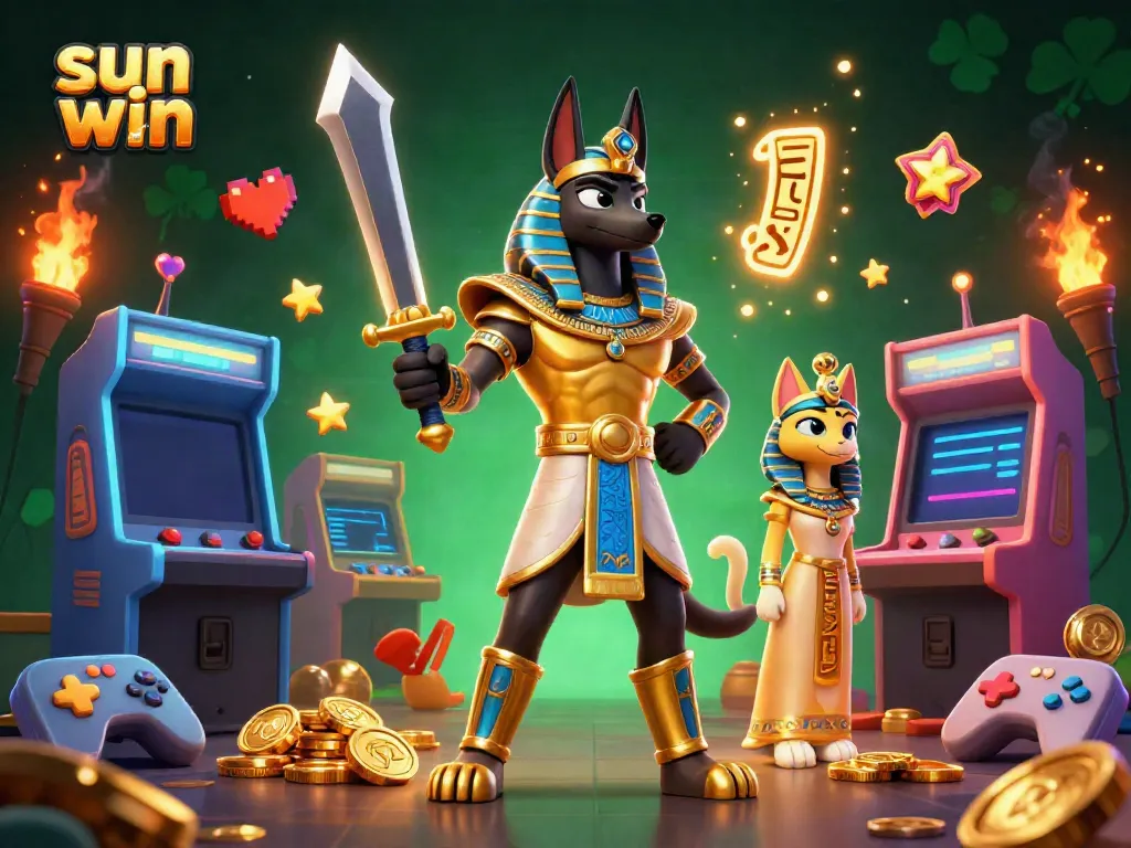 Experience the vibrant gaming world of sun win featuring dynamic 3D characters, arcade machines, and casino elements.