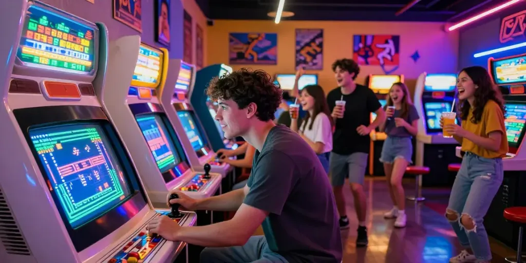 Exciting gaming scene featuring pecah 404 in a retro arcade with classic machines, friends cheering, and vibrant neon lights.