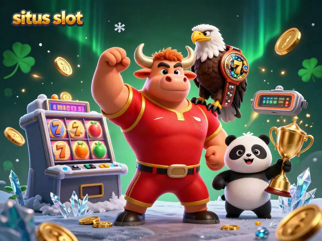 Engage in winning strategies for situs slot with an impressive illustration featuring mascots celebrating jackpot success