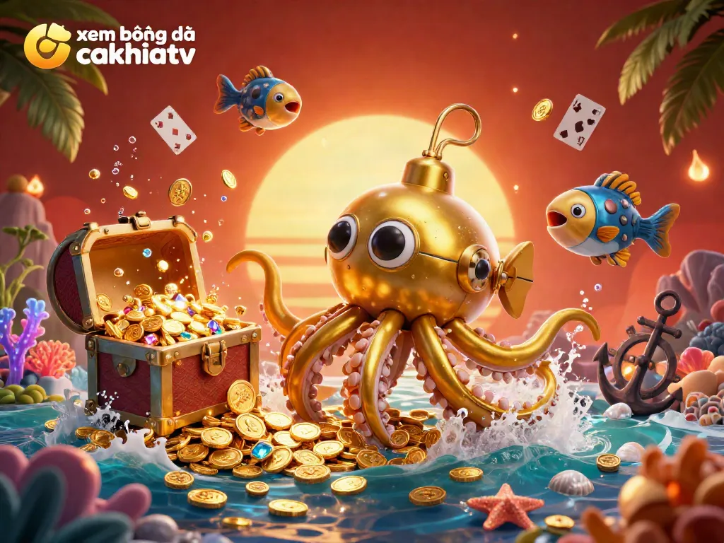 Experience xem bóng đá cakhiatv with a captivating 3D illustration of a kraken submarine in a sea of golden coins.