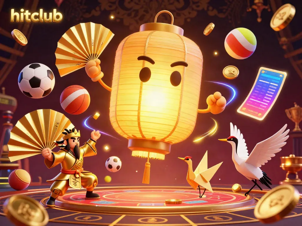Engage with hitclub's dynamic casino scene featuring a golden lantern spirit and lively sports elements.
