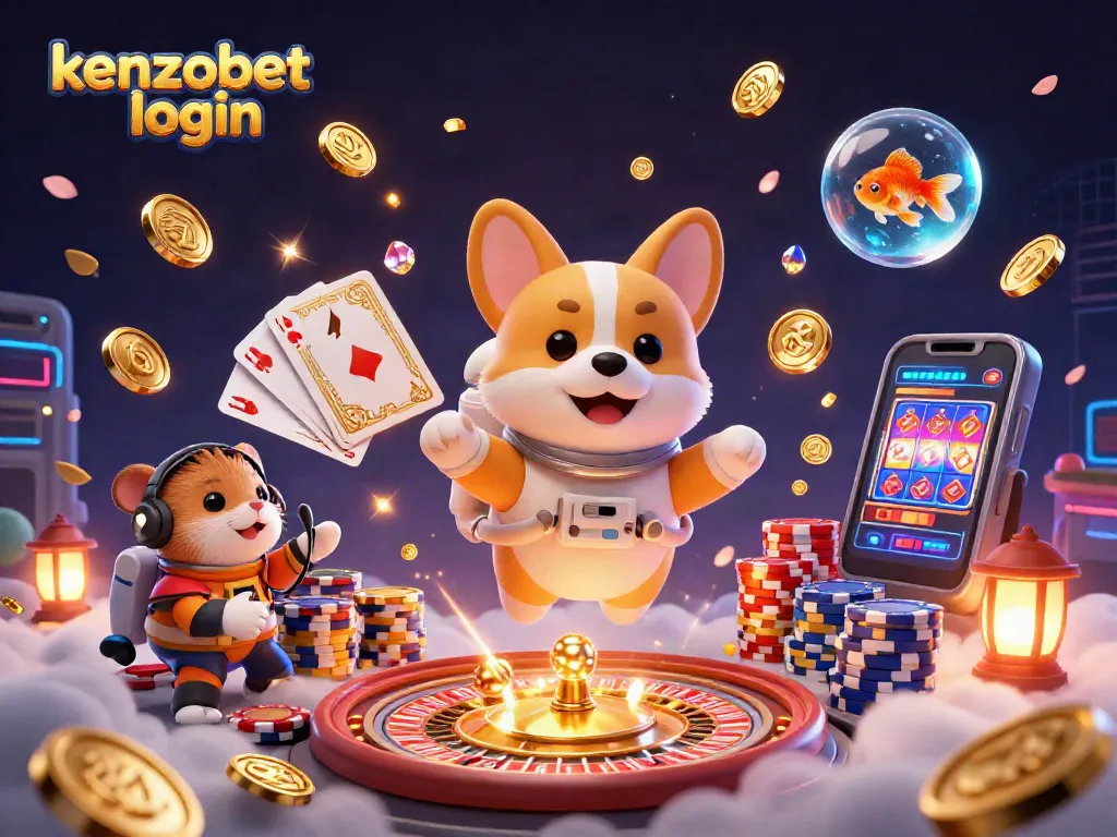 Engage with kenzobet login amidst a vibrant casino scene featuring cartoon characters and gaming elements.