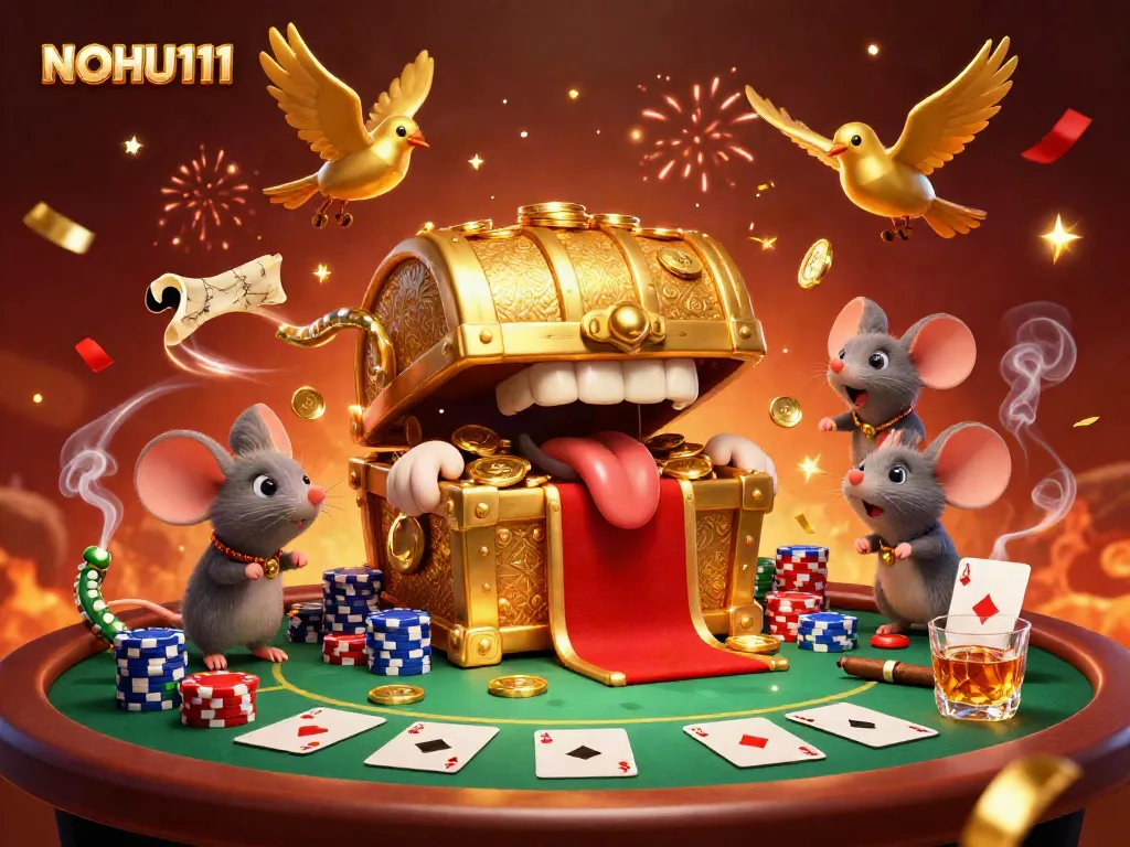 Engage in amusing gameplay with NOHU111 at a vibrant casino table overflowing with poker chips.
