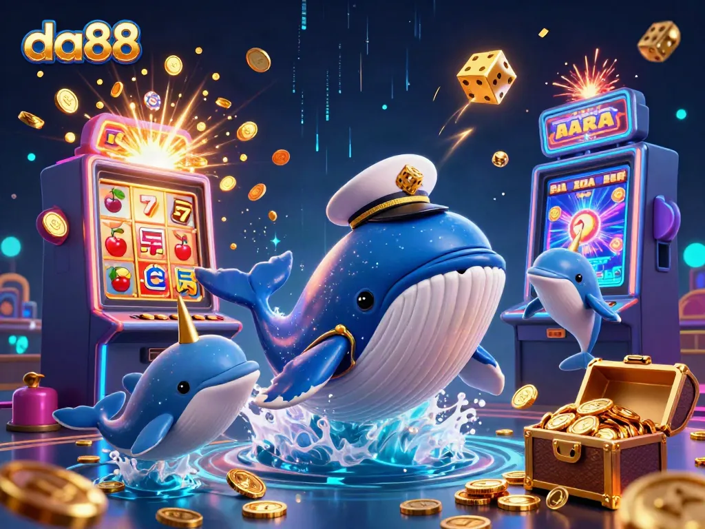 Engage with da88's vibrant casino experience featuring a 3D whale, coins, and game elements.
