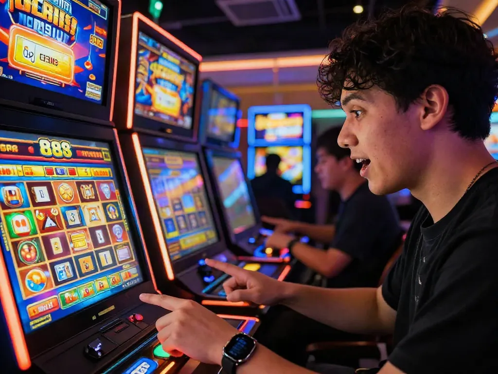 Player enjoying a captivating slot88 game on mobile, showcasing excitement and QRIS benefits in vibrant gaming lounge.