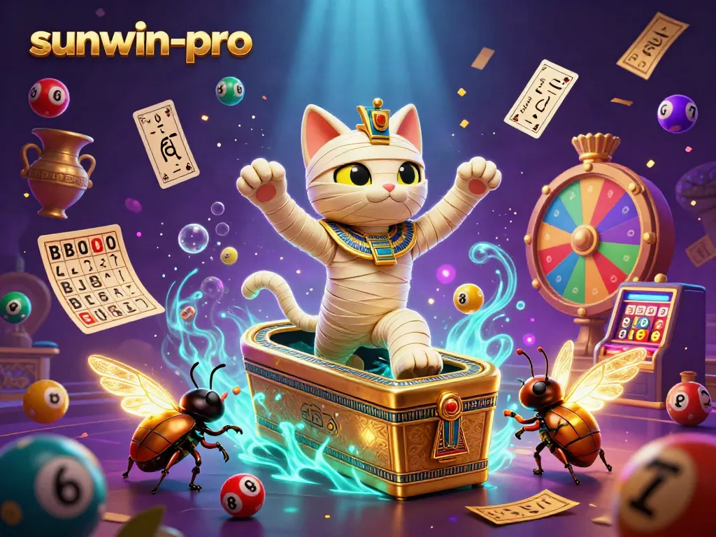Experience excitement with sunwin-pro as a mummy cat emerges into a vibrant casino scene.