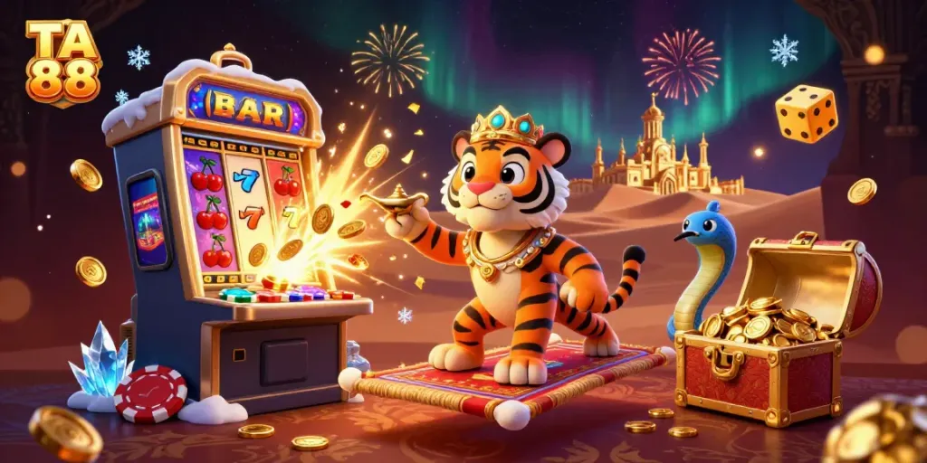 Enhance your gaming experience with TA 88's lively casino scene featuring a tiger sultan and dynamic slot machine elements.