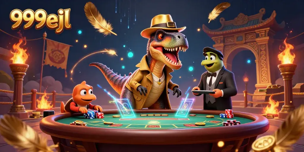 Unveil the excitement of 999eejl with this dynamic casino scene featuring a velociraptor card counter at a blackjack table.
