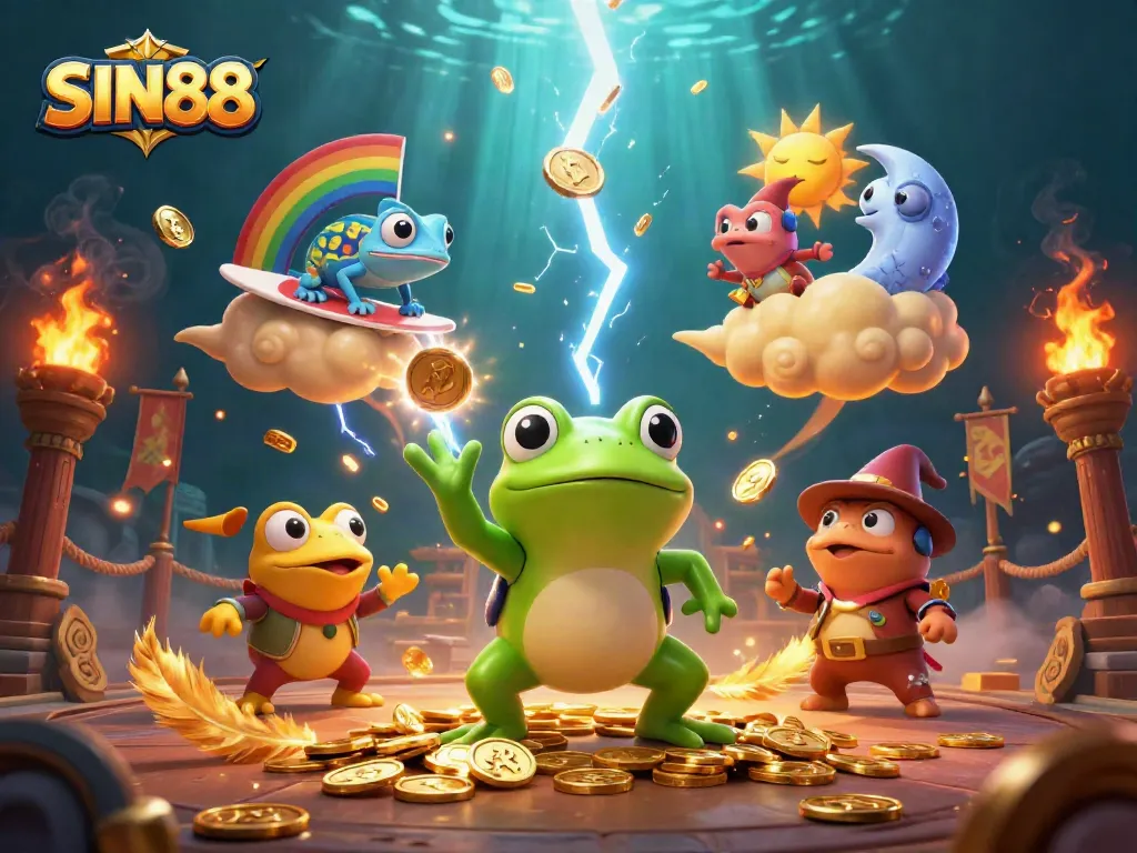 SIN88 casino illustration showing a wizard frog conjuring golden coins in a vibrant tropical setting.