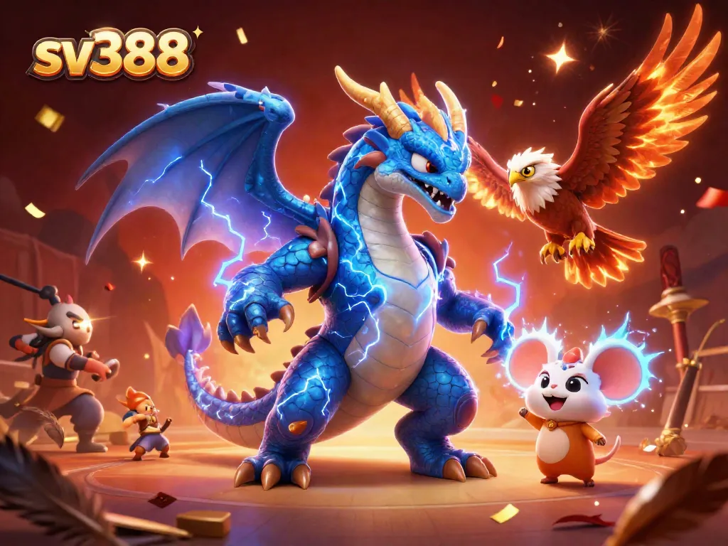 Engage in thrilling cockfighting action at sv388 with epic characters and vibrant casino elements.