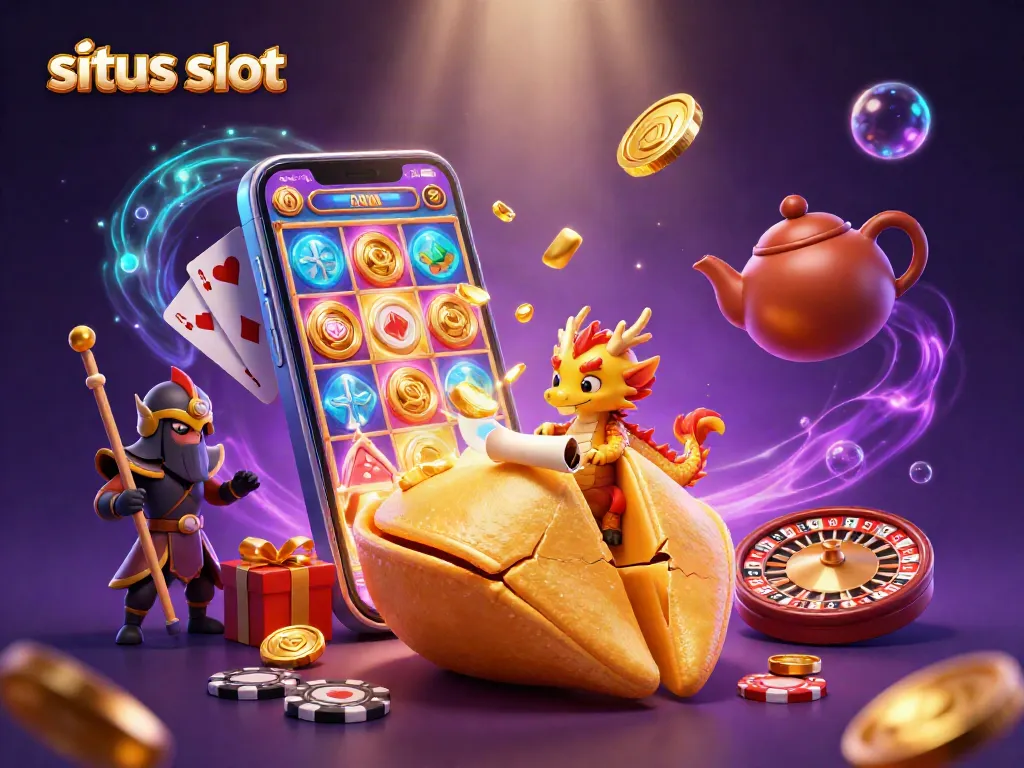 Engage with situs slot games featuring a colorful 3D scene of a fortune cookie, dragon, and gold coins.