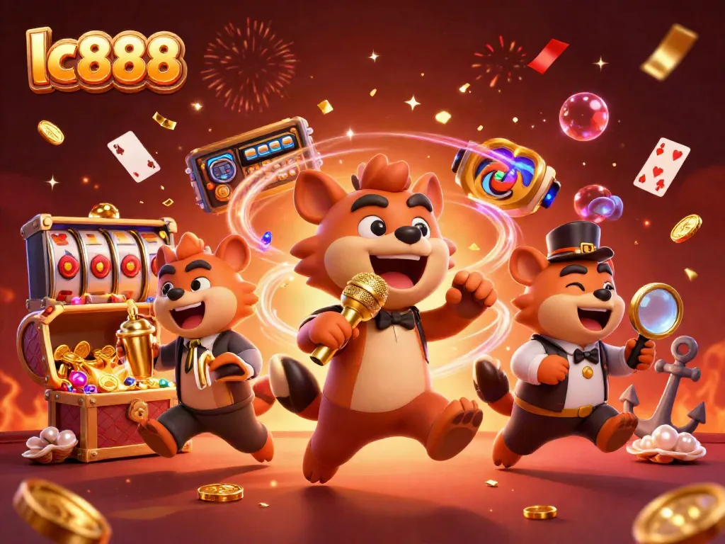 Experience gaming fun with lc888's vibrant hyena characters in a lively casino scene.