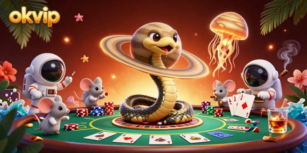 Engage in betting action with okvip's cosmic roulette featuring a Saturn ring snake and astronaut mice.