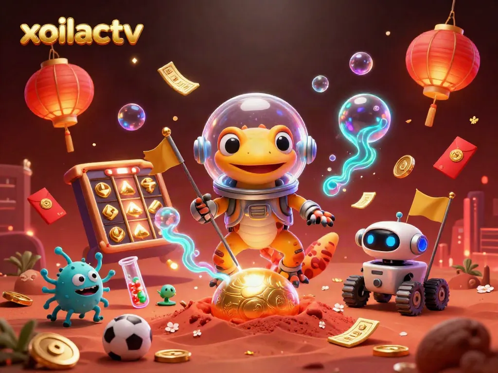 Engage in thriving casino adventure with xoilactv featuring a Martian gecko amidst golden gambling elements.