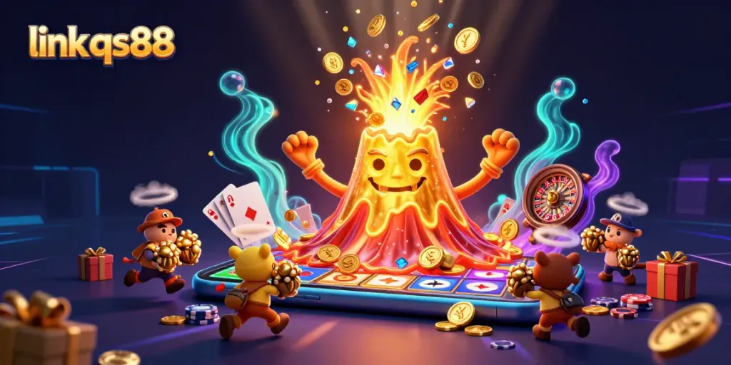 Experience the excitement of link qs88 with a vibrant casino-themed illustration featuring treasure and gaming elements.