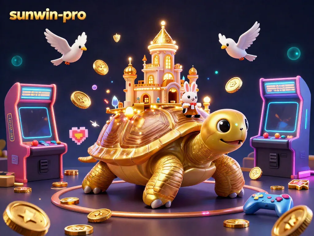 Engage in the thrilling world of sunwin-pro with a golden tortoise casino scene featuring a rabbit dealer and flying coins.