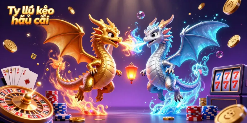 Experience the dynamic Tỷ lệ kèo nhà cái scene with golden and silver dragons, showcasing vibrant gambling elements.