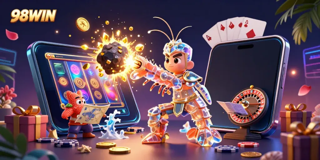 Engage in thrilling games with 98WIN, featuring colorful slot action and vibrant casino elements.